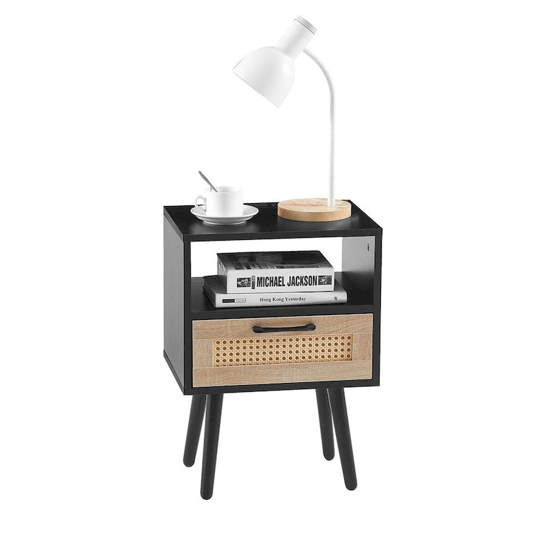 15.75Rattan End table with Power Outlet &USB PortsModern nightstand with drawer and solid wood legs,side table for living room