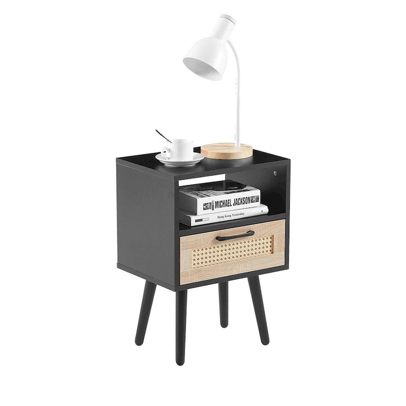 15.75Rattan End table with Power Outlet &USB PortsModern nightstand with drawer and solid wood legs,side table for living room