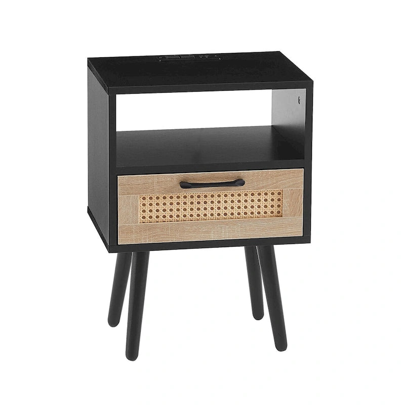 15.75Rattan End table with Power Outlet &USB PortsModern nightstand with drawer and solid wood legs,side table for living room