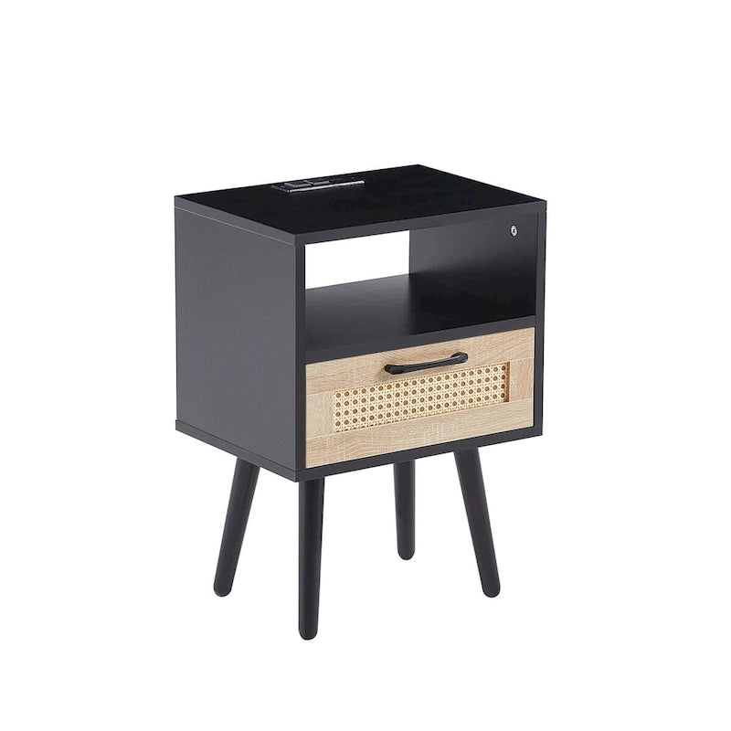 15.75Rattan End table with Power Outlet &USB PortsModern nightstand with drawer and solid wood legs,side table for living room