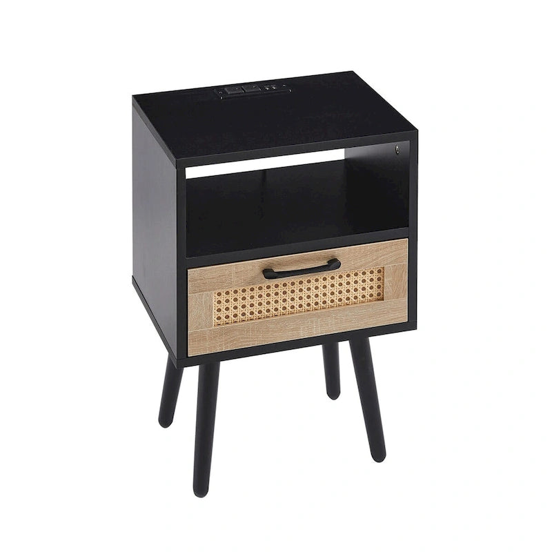 15.75Rattan End table with Power Outlet &USB PortsModern nightstand with drawer and solid wood legs,side table for living room