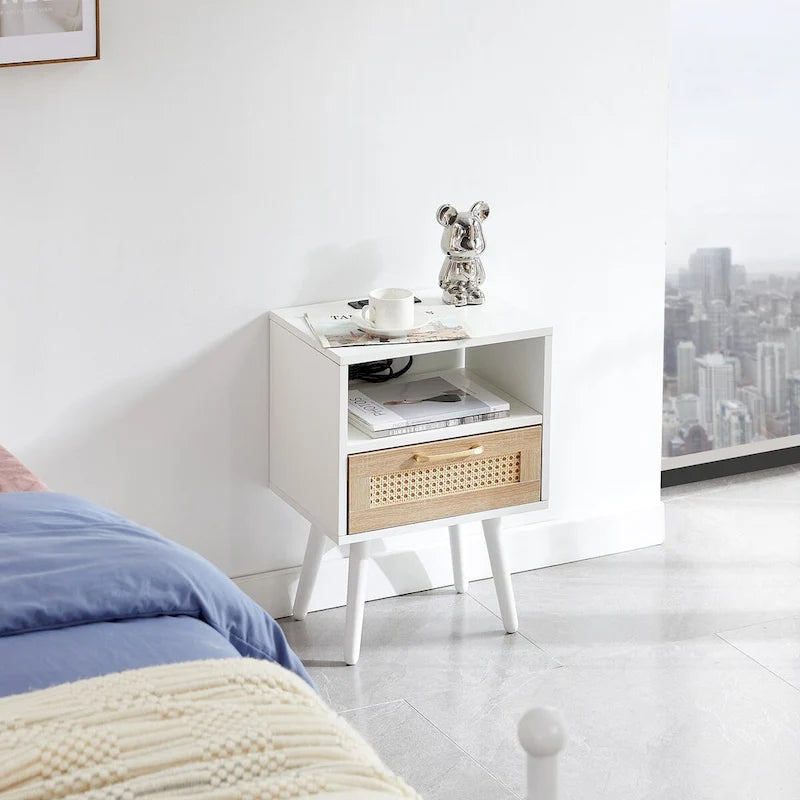 15.75Rattan End table with Power Outlet &USB PortsModern nightstand with drawer and solid wood legs,side table for living room