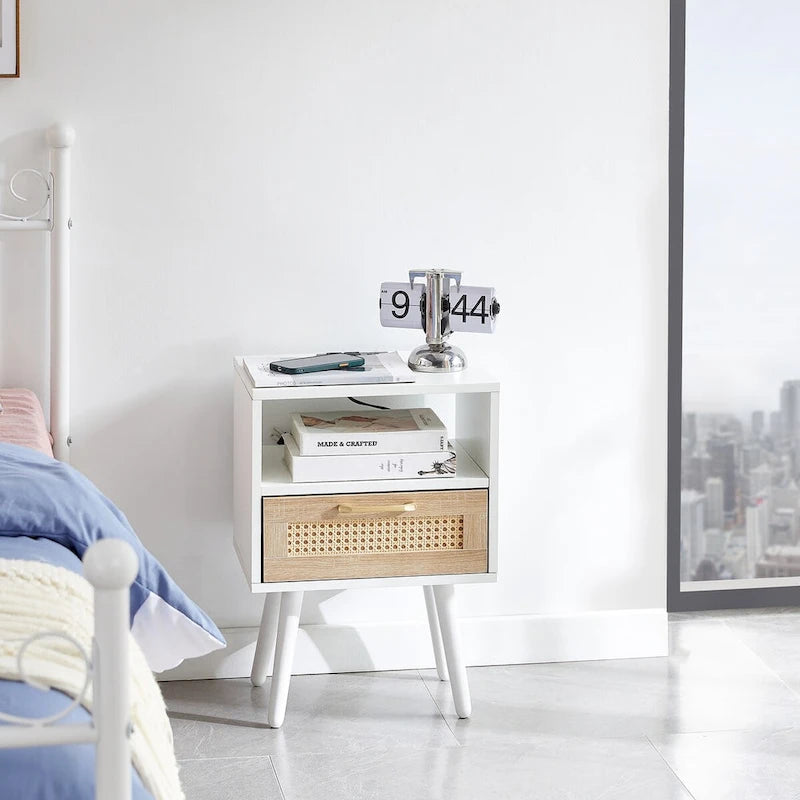 15.75Rattan End table with Power Outlet &USB PortsModern nightstand with drawer and solid wood legs,side table for living room