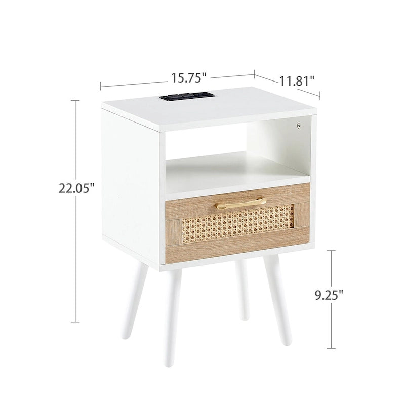 15.75Rattan End table with Power Outlet &USB PortsModern nightstand with drawer and solid wood legs,side table for living room