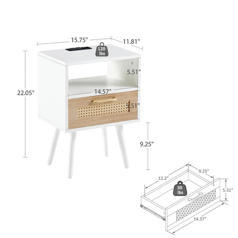 15.75Rattan End table with Power Outlet &USB PortsModern nightstand with drawer and solid wood legs,side table for living room