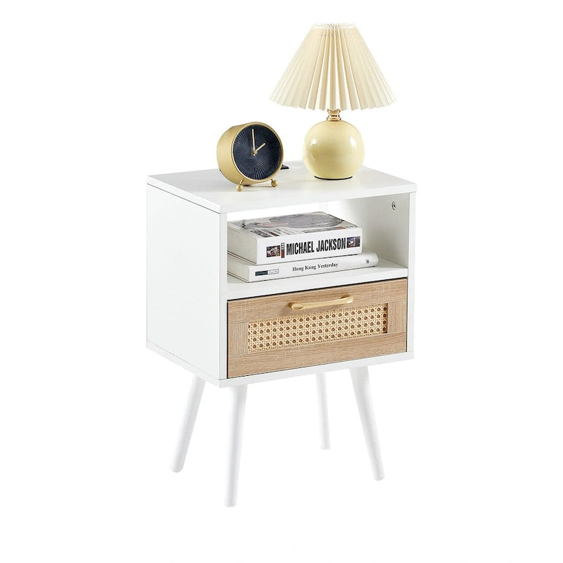 15.75Rattan End table with Power Outlet &USB PortsModern nightstand with drawer and solid wood legs,side table for living room