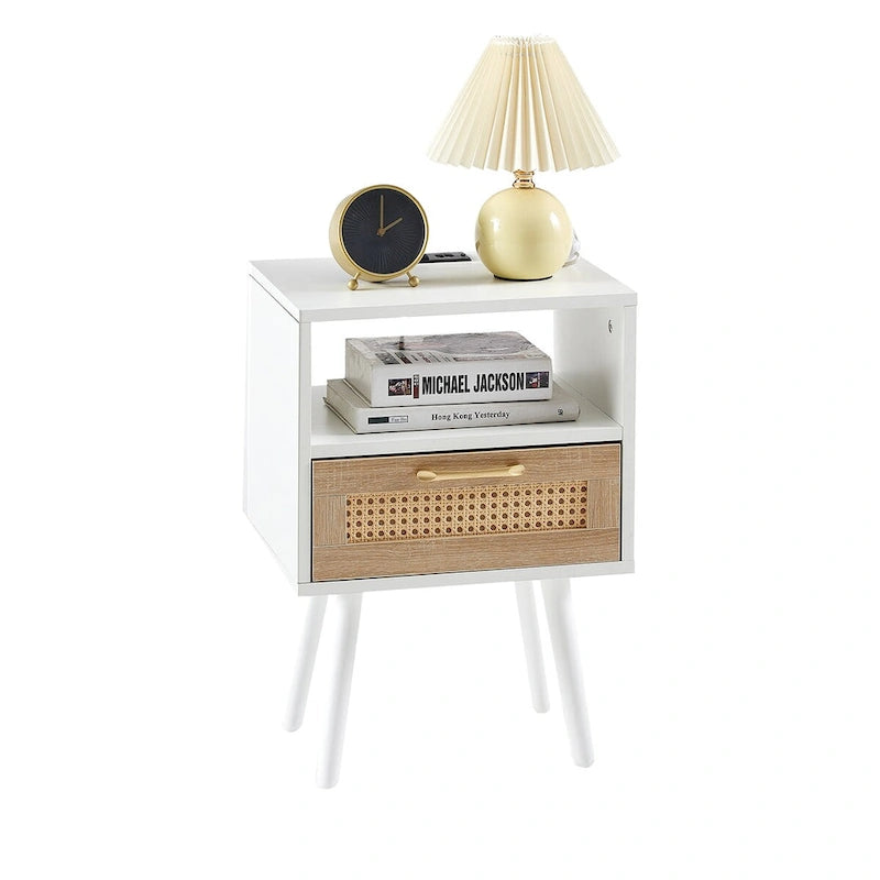 15.75Rattan End table with Power Outlet &USB PortsModern nightstand with drawer and solid wood legs,side table for living room