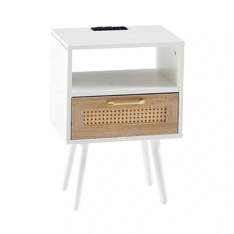 15.75Rattan End table with Power Outlet &USB PortsModern nightstand with drawer and solid wood legs,side table for living room