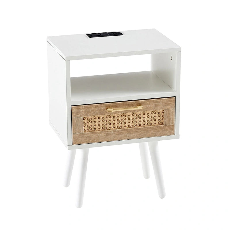 15.75Rattan End table with Power Outlet &USB PortsModern nightstand with drawer and solid wood legs,side table for living room