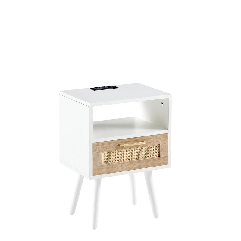 15.75Rattan End table with Power Outlet &USB PortsModern nightstand with drawer and solid wood legs,side table for living room