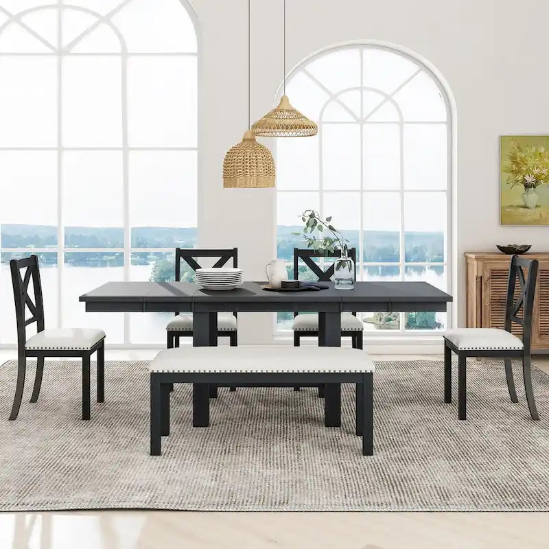 Farmhouse 6-Piece Extendable Dining Table Set with 11 Leaves, Acacia Wood Construction, Black Table, Beige Cushion, Seats 6