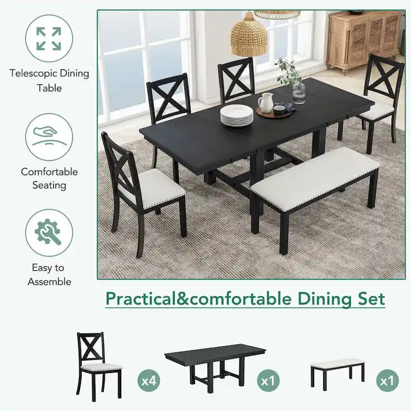 Farmhouse 6-Piece Extendable Dining Table Set with 11 Leaves, Acacia Wood Construction, Black Table, Beige Cushion, Seats 6