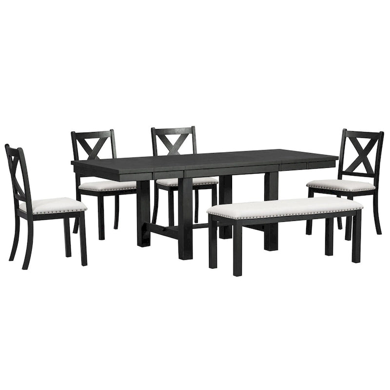 Farmhouse 6-Piece Extendable Dining Table Set with 11 Leaves, Acacia Wood Construction, Black Table, Beige Cushion, Seats 6