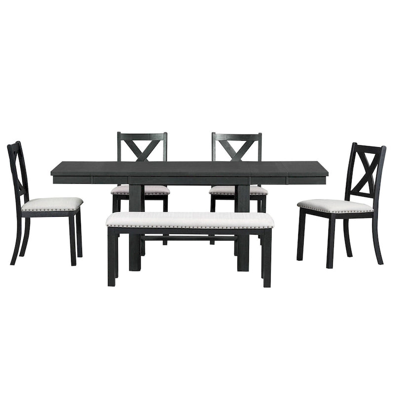 Farmhouse 6-Piece Extendable Dining Table Set with 11 Leaves, Acacia Wood Construction, Black Table, Beige Cushion, Seats 6