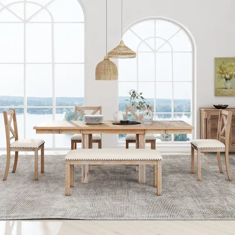 Farmhouse 6-Piece Extendable Dining Table Set with 11 Leaves, Acacia Wood Construction, Black Table, Beige Cushion, Seats 6
