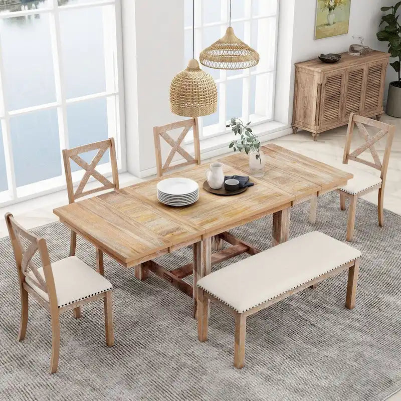 Farmhouse 6-Piece Extendable Dining Table Set with 11 Leaves, Acacia Wood Construction, Black Table, Beige Cushion, Seats 6
