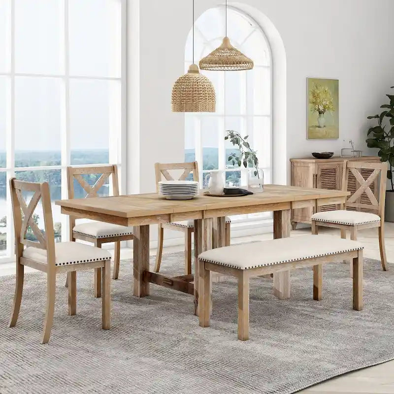 Farmhouse 6-Piece Extendable Dining Table Set with 11 Leaves, Acacia Wood Construction, Black Table, Beige Cushion, Seats 6