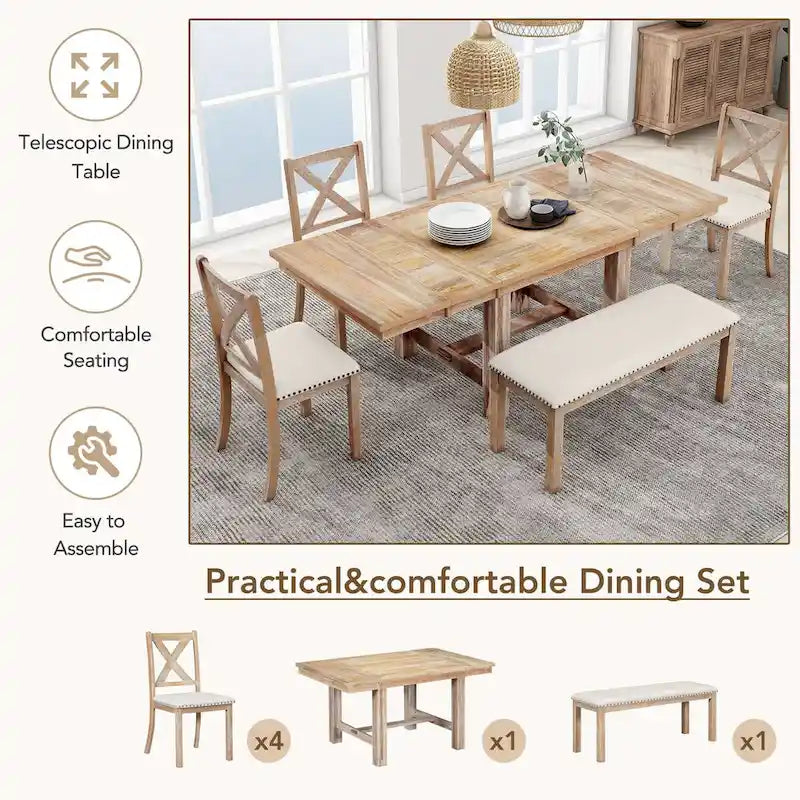 Farmhouse 6-Piece Extendable Dining Table Set with 11 Leaves, Acacia Wood Construction, Black Table, Beige Cushion, Seats 6