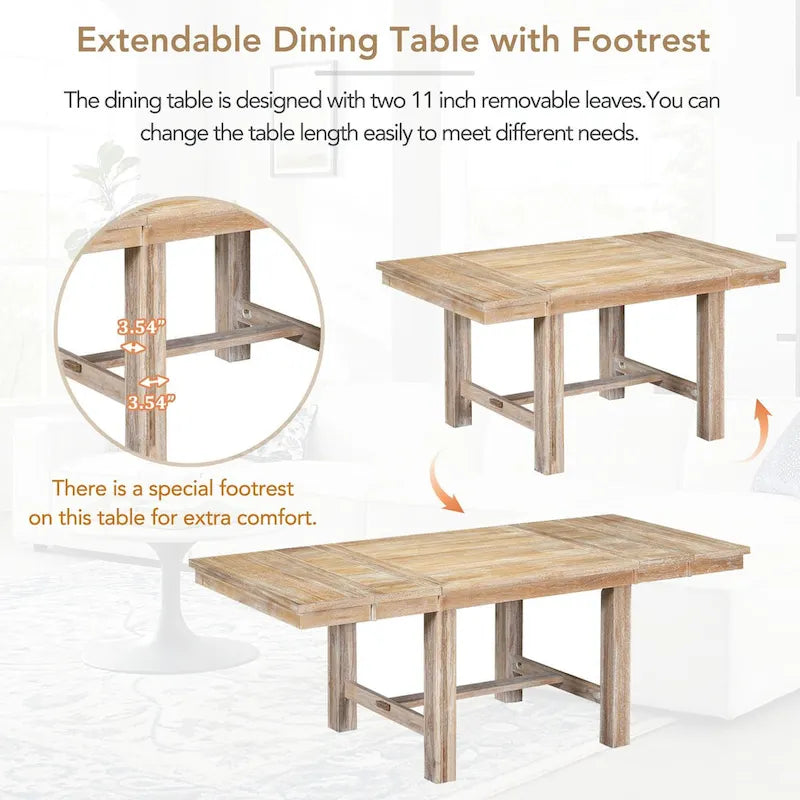 Farmhouse 6-Piece Extendable Dining Table Set with 11 Leaves, Acacia Wood Construction, Black Table, Beige Cushion, Seats 6