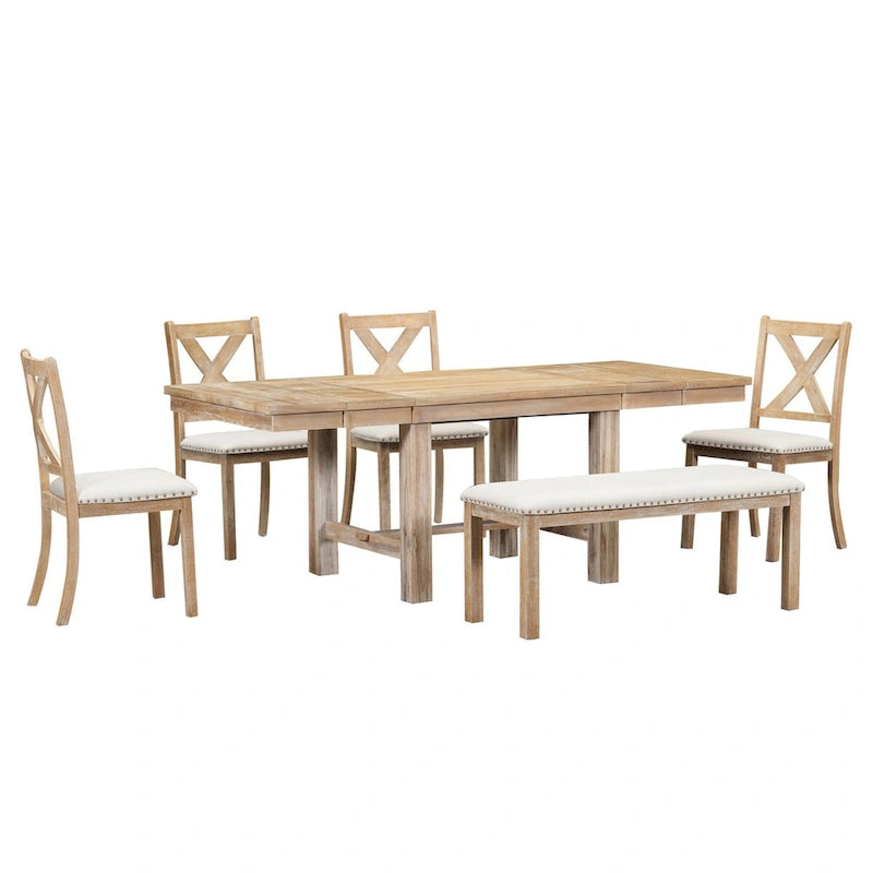 Farmhouse 6-Piece Extendable Dining Table Set with 11 Leaves, Acacia Wood Construction, Black Table, Beige Cushion, Seats 6