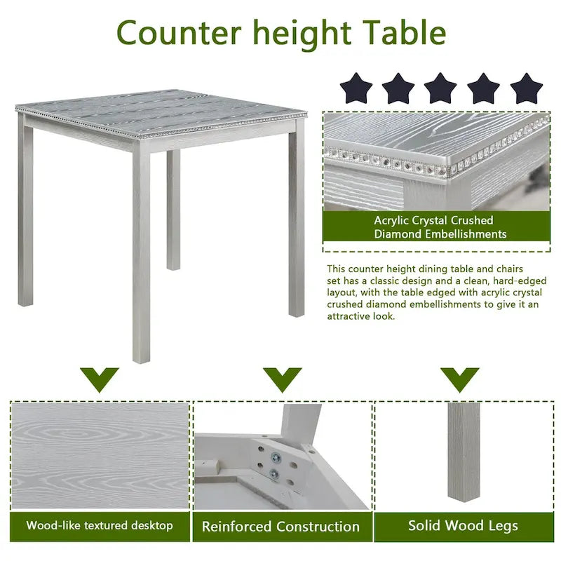 5 Piece Counter Height Table Set, Wooden Kitchen Table Set with Square Table and 4 Upholstered Chairs