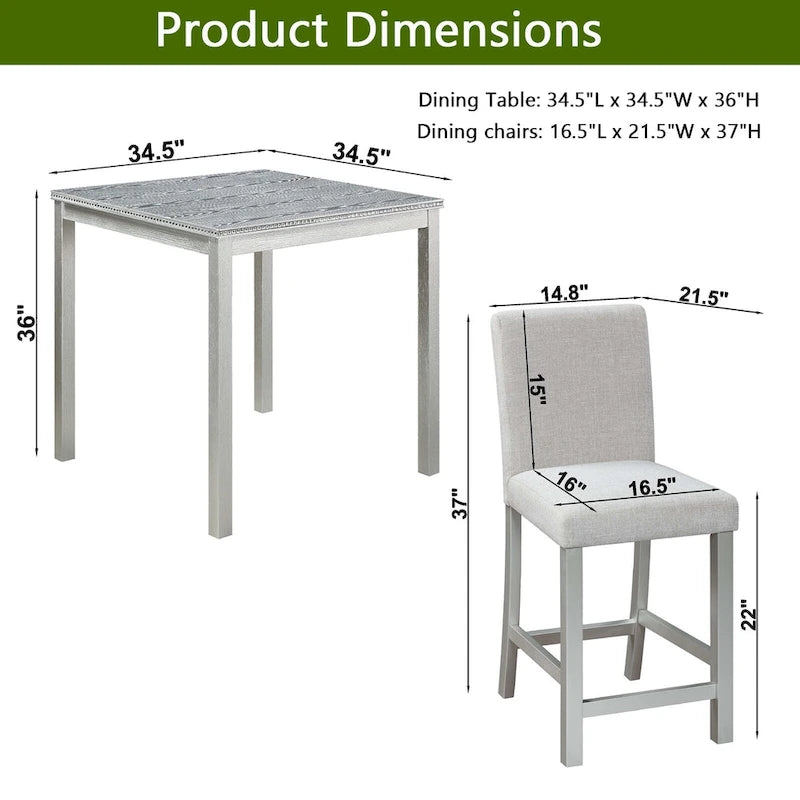 5 Piece Counter Height Table Set, Wooden Kitchen Table Set with Square Table and 4 Upholstered Chairs