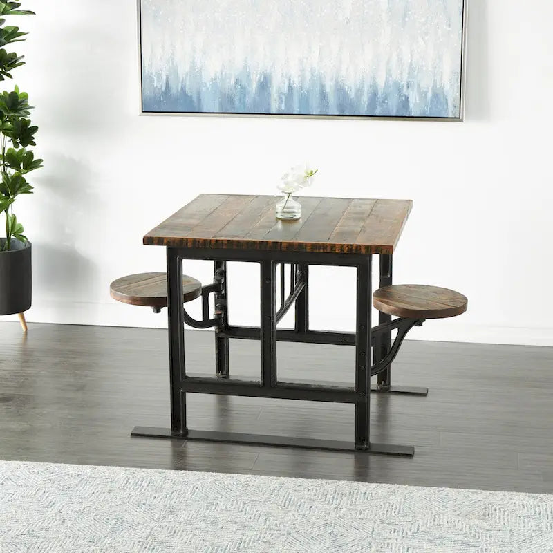 Teak Wood Dining Table with Attached Seats - Brown - Roche River Decor