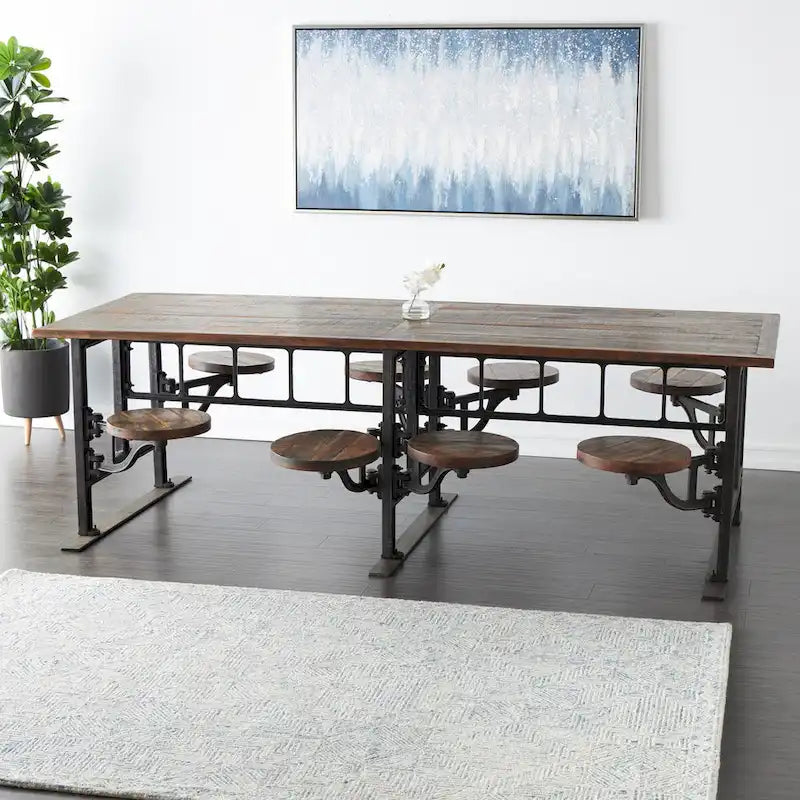 Teak Wood Dining Table with Attached Seats - Brown - Roche River Decor