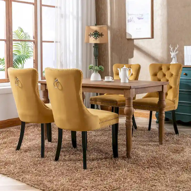 High-end Tufted Solid Wood Contemporary Velvet Upholstered Dining Chair with Wood Legs Nailhead Trim 2-Pcs Set,Gloden