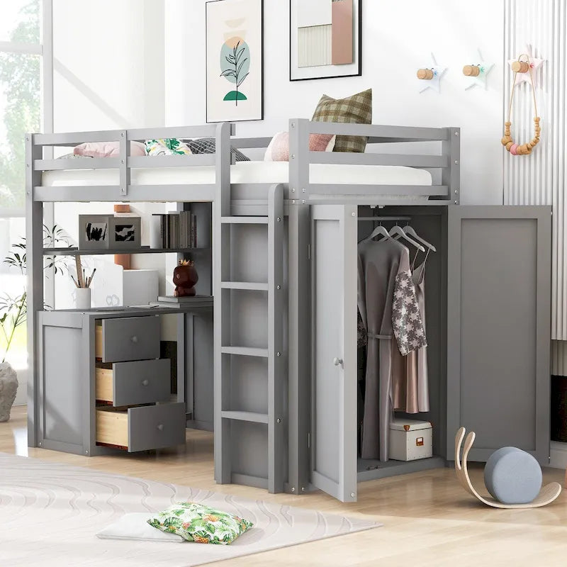 Multi-functional Pine Loft Bed with Desk, Wardrobe, Drawers, Shelves