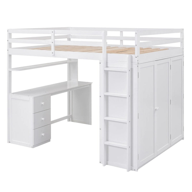 Multi-functional Pine Loft Bed with Desk, Wardrobe, Drawers, Shelves