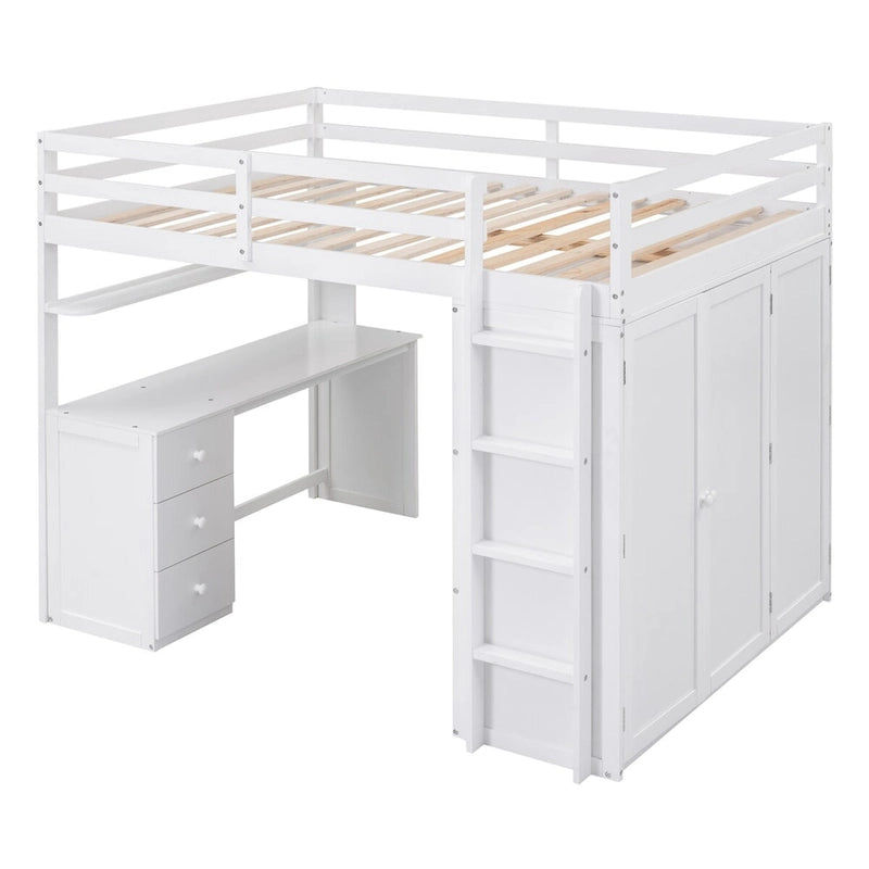 Multi-functional Pine Loft Bed with Desk, Wardrobe, Drawers, Shelves