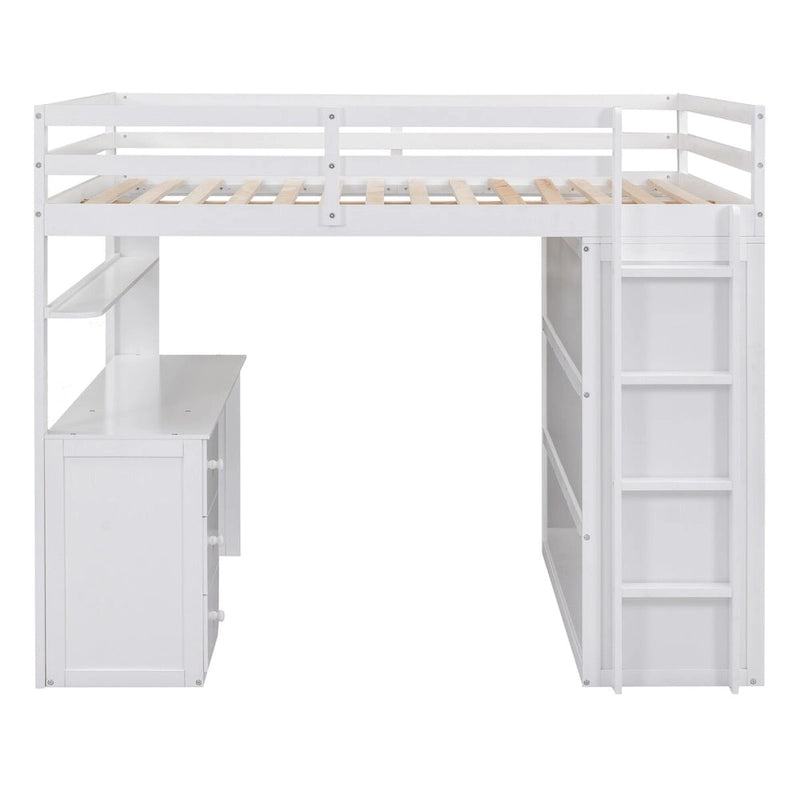 Multi-functional Pine Loft Bed with Desk, Wardrobe, Drawers, Shelves