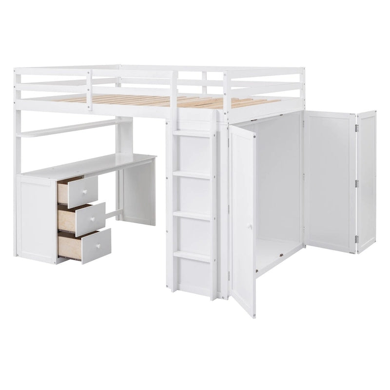 Multi-functional Pine Loft Bed with Desk, Wardrobe, Drawers, Shelves