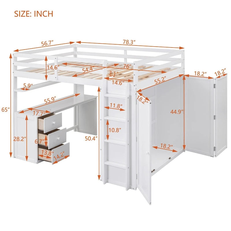 Multi-functional Pine Loft Bed with Desk, Wardrobe, Drawers, Shelves