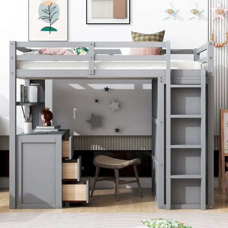 Multi-functional Pine Loft Bed with Desk, Wardrobe, Drawers, Shelves