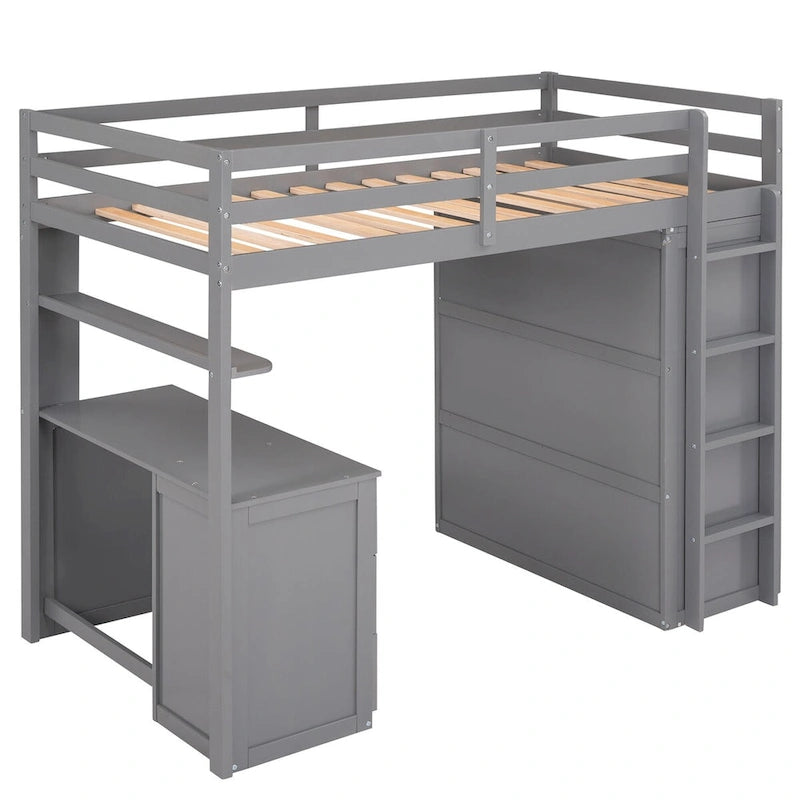 Multi-functional Pine Loft Bed with Desk, Wardrobe, Drawers, Shelves