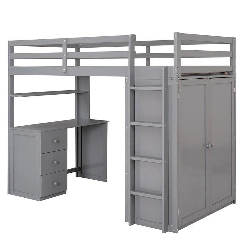 Multi-functional Pine Loft Bed with Desk, Wardrobe, Drawers, Shelves