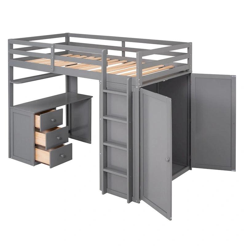 Multi-functional Pine Loft Bed with Desk, Wardrobe, Drawers, Shelves