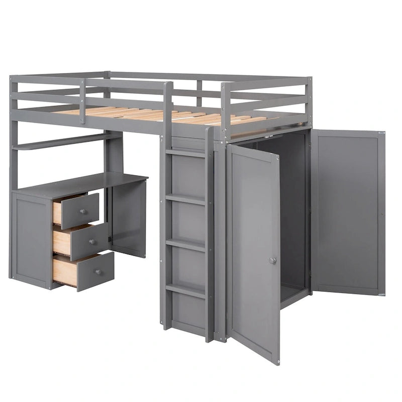 Multi-functional Pine Loft Bed with Desk, Wardrobe, Drawers, Shelves