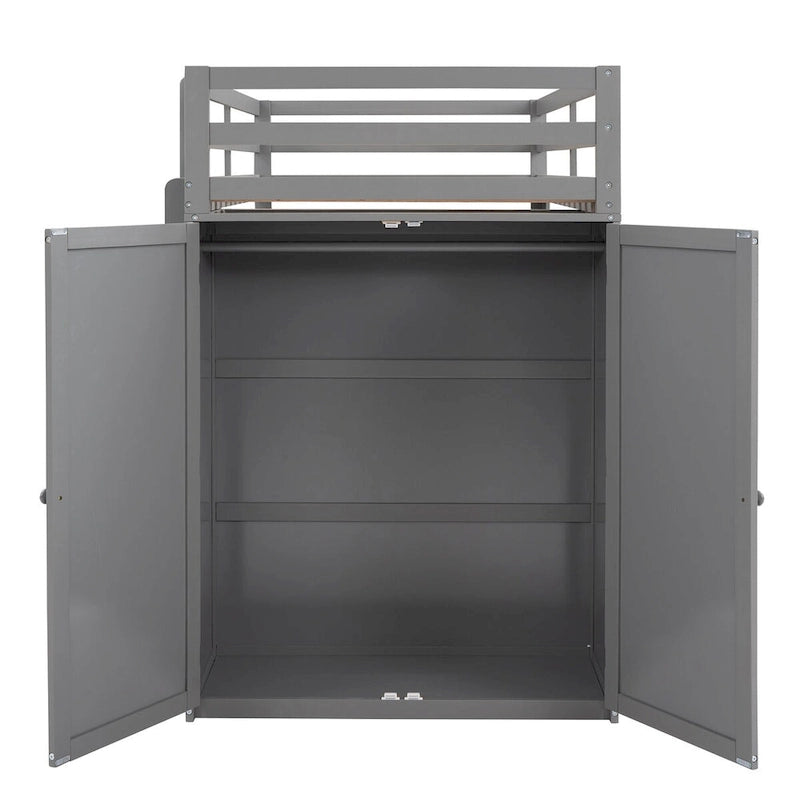 Multi-functional Pine Loft Bed with Desk, Wardrobe, Drawers, Shelves