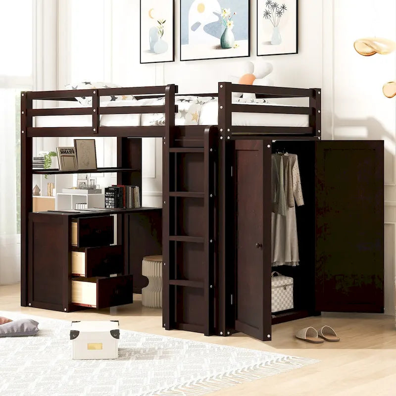 Multi-functional Pine Loft Bed with Desk, Wardrobe, Drawers, Shelves