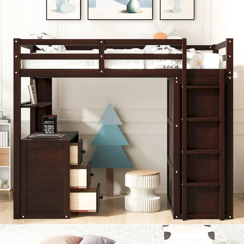 Multi-functional Pine Loft Bed with Desk, Wardrobe, Drawers, Shelves