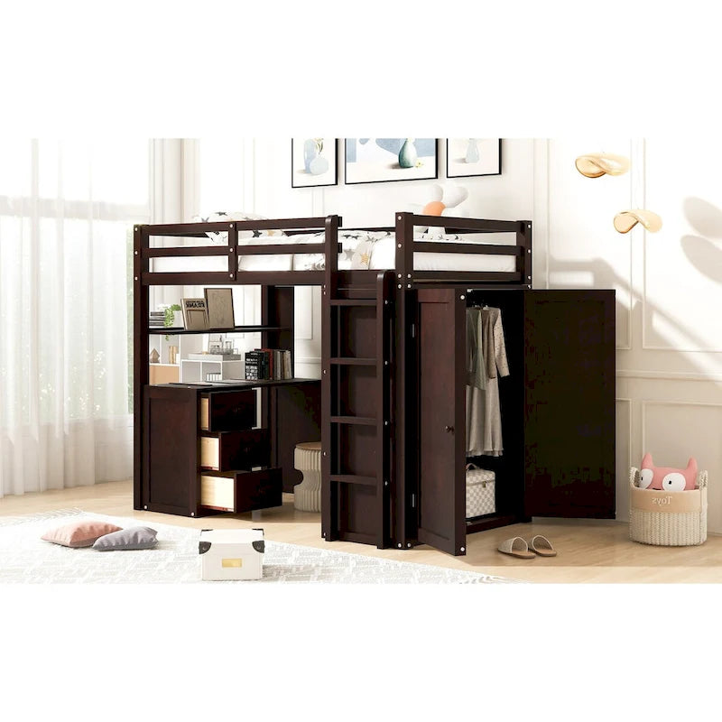 Multi-functional Pine Loft Bed with Desk, Wardrobe, Drawers, Shelves