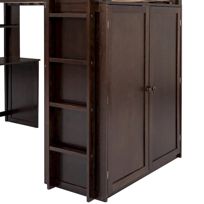Multi-functional Pine Loft Bed with Desk, Wardrobe, Drawers, Shelves