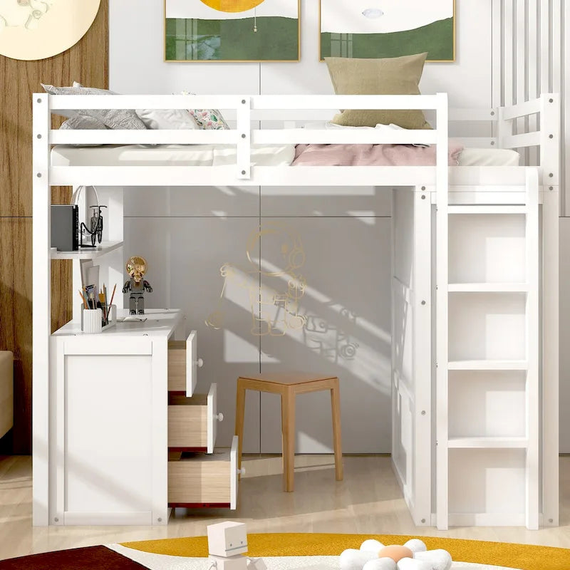 Multi-functional Pine Loft Bed with Desk, Wardrobe, Drawers, Shelves