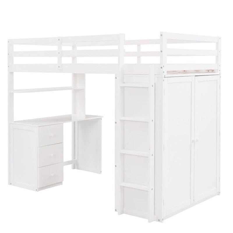 Multi-functional Pine Loft Bed with Desk, Wardrobe, Drawers, Shelves