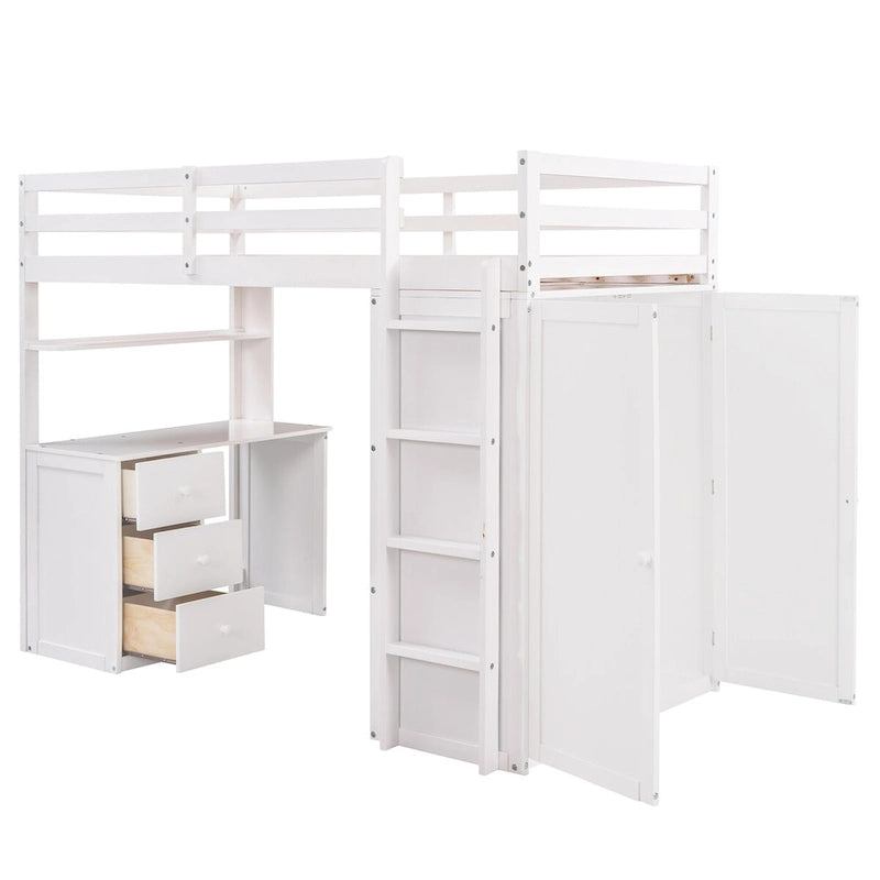 Multi-functional Pine Loft Bed with Desk, Wardrobe, Drawers, Shelves