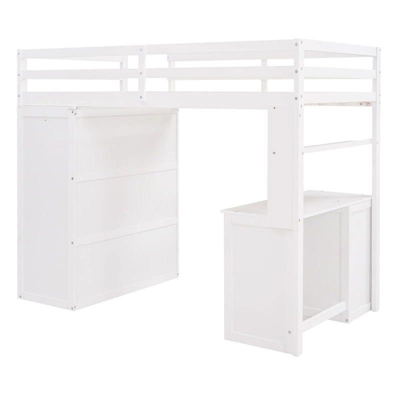 Multi-functional Pine Loft Bed with Desk, Wardrobe, Drawers, Shelves