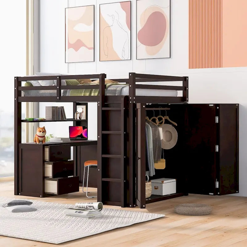 Multi-functional Pine Loft Bed with Desk, Wardrobe, Drawers, Shelves